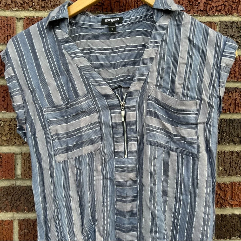 Express Gray Light Pink V Neck Striped Blouse Top